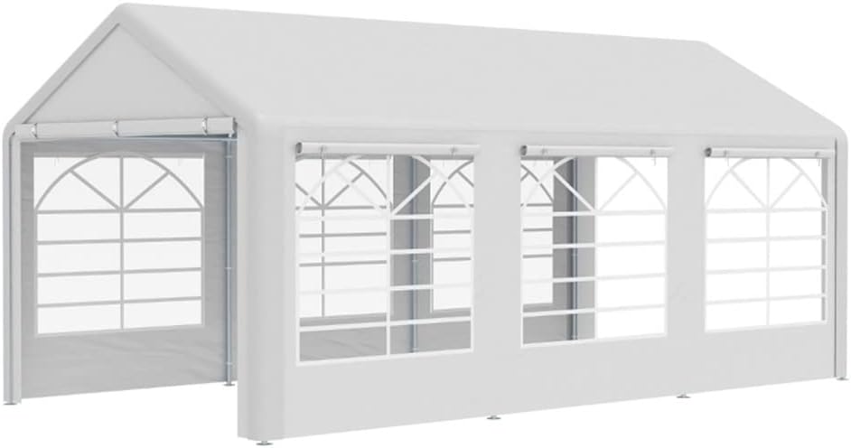 10x20 party tent with walls detailed features including galvanized steel frame, removable sidewalls, and window ventilation
