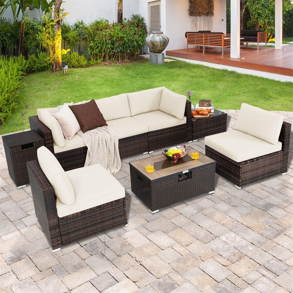 8 piece patio furniture set with fire pit,rattan furniture fire pit table set pros cons,best outdoor sofa set with fire table,patio furniture set with tank holder,should I buy a rattan fire pit sofa set,8 piece outdoor seating with fire pit worth it unboxing and complete package contents