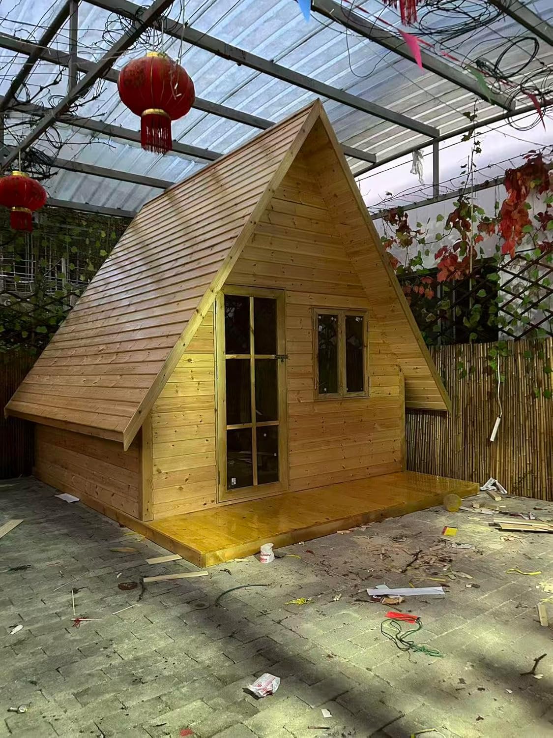 Unboxing the buy A-frame wooden cabin,A-frame cabin worth buying,best outdoor wooden cabin,A-frame cabin pros cons,A-frame cabin vs shed,should I buy an A-frame cabin showing all pre-cut wood panels and hardware