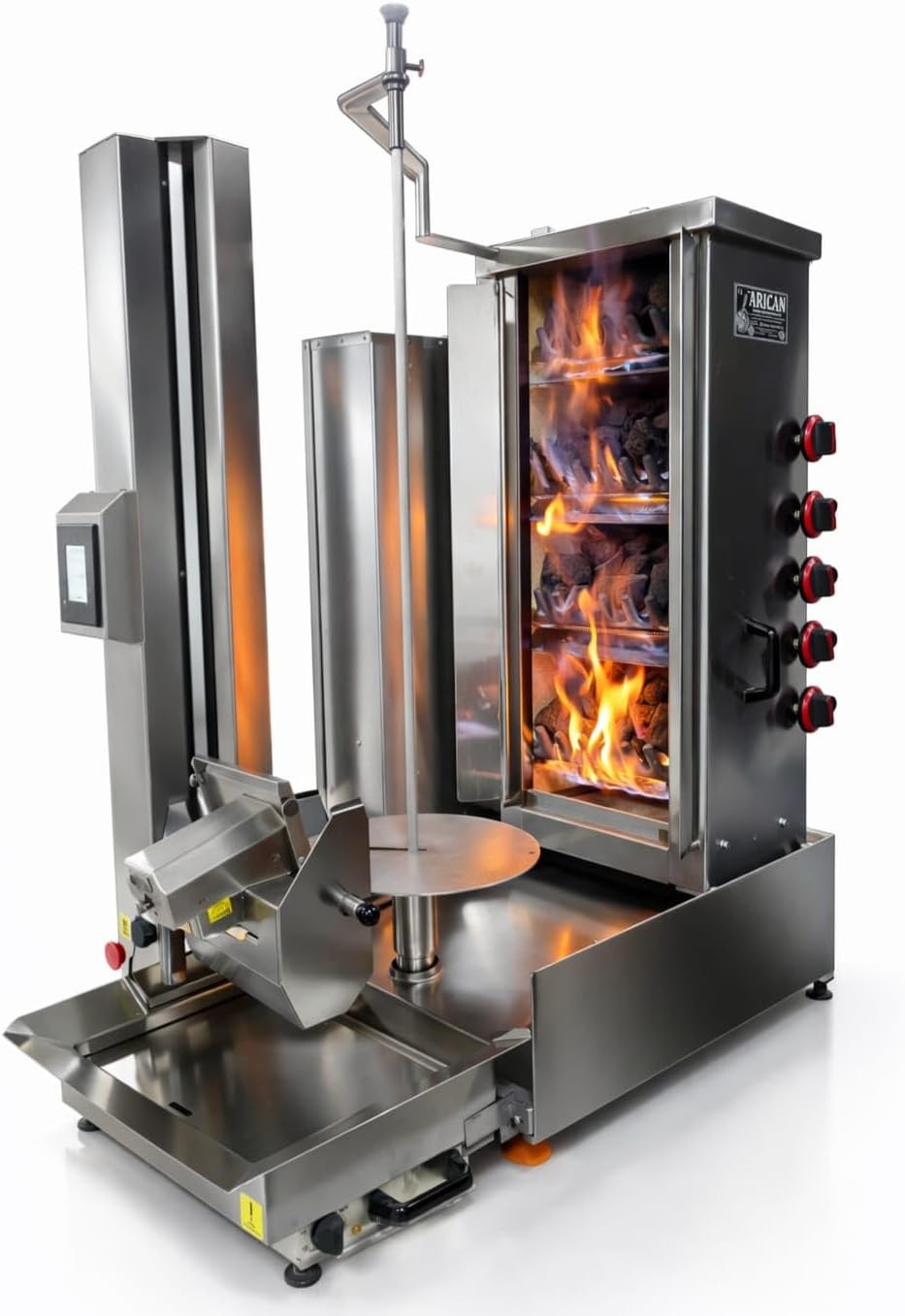 Close-up view of the Arican Robot Shawarma machine's gear chain system and lava stone grill, highlighting why it's considered a best commercial doner machine worth buying.