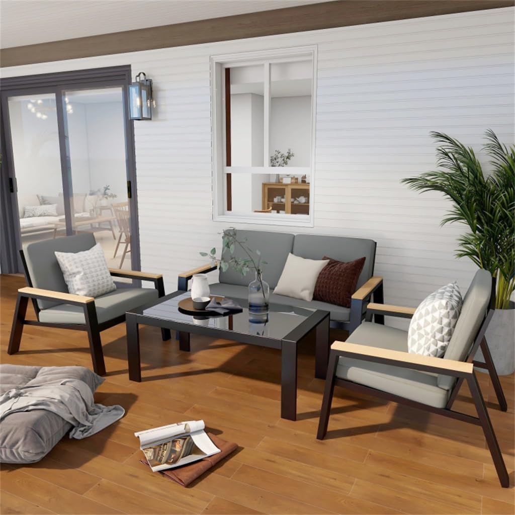 metal 4-person seating group,best outdoor seating group for balcony,aluminum patio furniture pros cons,water-resistant cushions worth buying,should I buy a metal conversation set,tempered glass table vs alternatives unboxing and complete package contents